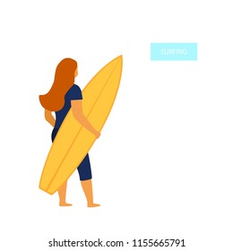 young woman surfer standing backside with surfboard vector illustration