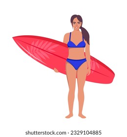 Young woman surfer with surfboard standing on the beach. Smiling surfer girl. Vector illustration