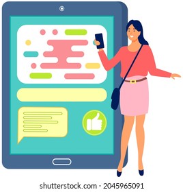 Young woman surfing internet and communicating by phone. Person spends time with smartphone. Concept of using Internet application and modern gadgets. Big tablet with color screen on white background