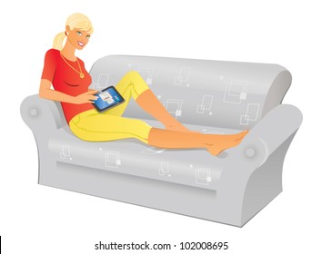 Young woman is surfing in internet with her tablet.