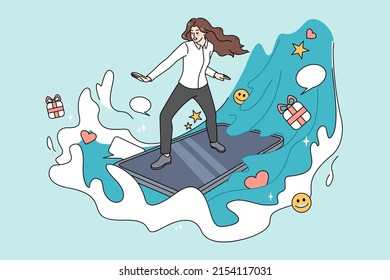 Young woman surfing internet on modern smartphone gadget. Millennial girl browsing web on cellphone. Social media and devices technology concept. Vector illustration. 