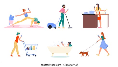 Young woman surfing internet spending time online during morning workout, home cleaning, walking dog, cooking, shopping, taking bath set. Daily chore routine, digital communication, gadget addiction