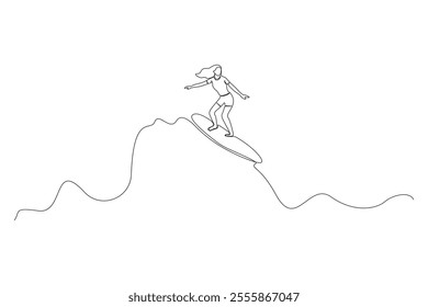 Young woman surfing on a wave one-line art drawing. Surfing concept continuous outline vector