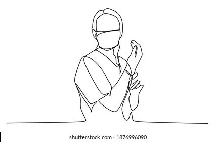 A young woman in surgical mask fixing her protective glove. Continuous one line drawing