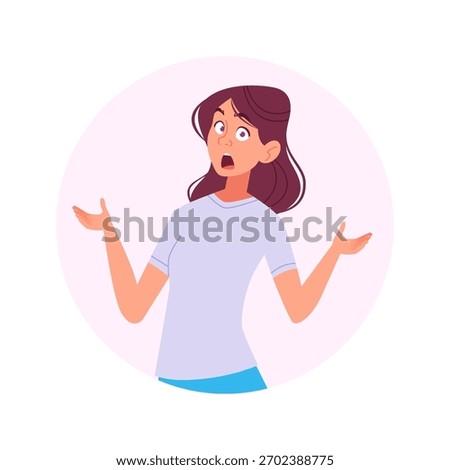 A young woman with a surprised expression and raised hands. She looks confused, bewildered, or in disbelief, symbolizing uncertainty or questioning. Isolated illustration for various uses.