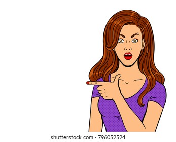 Young woman with surprised face pointing finger pop art retro vector illustration. Isolated image on white background. Comic book style imitation.