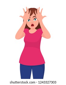 Young woman surprised with hands on head for mistake, remember error. Forgot, bad memory. Human emotion and body language concept illustration in vector cartoon flat style.