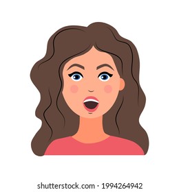 The young woman is surprised with her mouth open. Emotion. Vector illustration in a flat style.