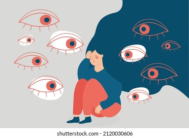 Young woman surrounded by big evil eyes feels helpless. Depressed girl suffers from psychological problems looks overwhelmed. Concept of mental health disorder, phobia paranoia. Vector illustration.