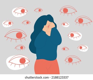 Young woman surrounded by big evil eyes, feels helpless and overwhelmed. Sad girl suffers from verbal abuse and bullying. Concept of mental health disorder, phobia, and fears. Vector stock