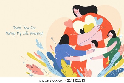 Young woman is surrounded by children and flying shapes. Warm doodle illustration suitable for Mother's Day and Teacher's Day.