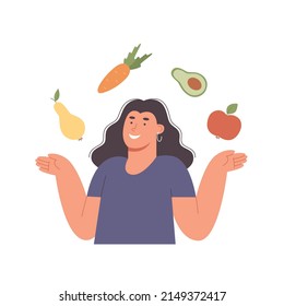 Young woman surrounded by fresh vegetables and fruits. Raw food, veganism and vegetarianism. Healthy and beneficial food. Healthy food concept. Flat vector illustration isolated on white background.