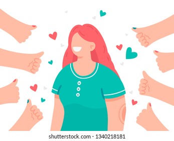 Young woman surrounded by hands with thumbs up. Thumbs up flat hands for social network, blog and app. Recognition and positive opinion concept. Vector flat cartoon style illustration