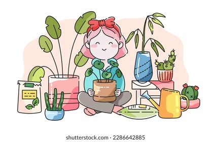 Young woman surrounded by plants on a flower pots. Vector isolated illustration in cartoon style. Happy day, love plants, female person, potted houseplants concept hand drawn illustration.