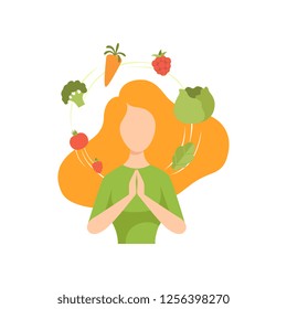 Young woman surrounded by vegetables and fruits flying around her, healthy eating, diet, organic vegan food vector Illustration