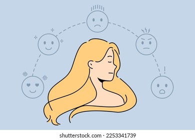 Young woman surrounded with emojis with different emotions. Female feel emotional and expressive experience bad and good mood. Vector illustration. 