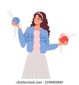 Young woman in sweater holds balls of woolen yarn and knitting needles in her hands. Knitting concept for yourself or to order, hobby. Vector illustration isolated on white background.