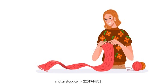 Young woman in sweater knits red scarf. The concept of knitting,  online knit tutorial, learning, hobby, creativity. Vector illustration in flat style on white isolated background.