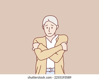 Young woman in sweater and scarf shivering from cold feel sick simple korean style illustration