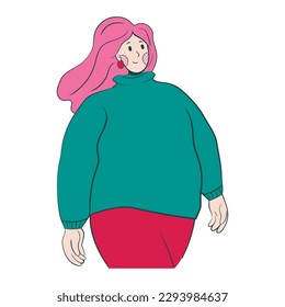young woman in a sweater walks in an outline style. simple people illustration