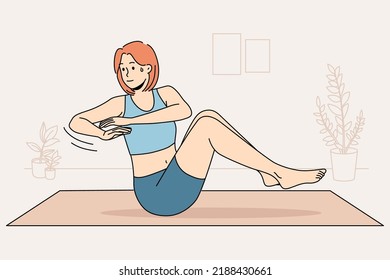 Mujer joven sudando haciendo ejercicios de entrenamiento sobre el tapete en casa. Muchacha deportiva motivada hace entrenamiento deportivo en el interior. Actividad física. Ilustración vectorial. 