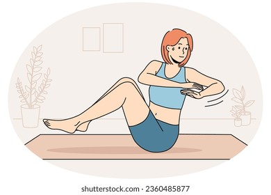 Young woman sweating doing exercises training on mat at home. Sportive motivated girl do sport workout indoors. Physical activity. Vector Illustration.