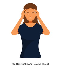 Young woman is sweating and holding her head, clearly experiencing a lot of stress or a headache