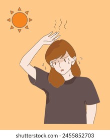 Young woman sweating in hot weather, risking heat stroke. Sweaty girl with burning sun, suffering from heat wave. Hand drawn flat cartoon character vector illustration.