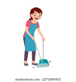 young woman sweep the floor using broom