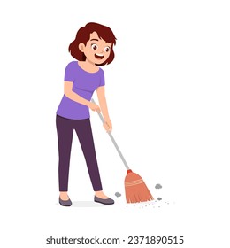 young woman sweep the floor using broom