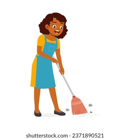young woman sweep the floor using broom