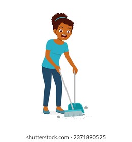 young woman sweep the floor using broom
