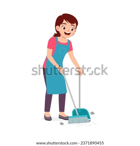 young woman sweep the floor using broom