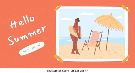 Young woman with swim ring at beach. Parasol, lounge chair, sea background. Hello Summer text on tape frame. Flat vector illustration for banner, flyer, sale promo.