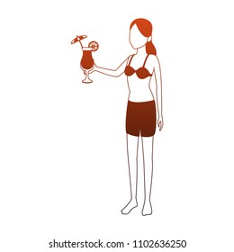 Young woman in swim suit red lines