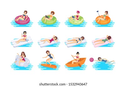 Young woman swiming in the pool set. Lady swiming inflatable ring air mattress boat, reading a book, taking a selfie, listening to music, learning to surf. Summer beach vacation vector illustration