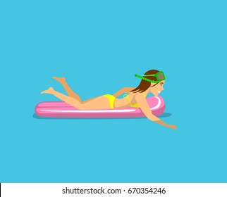 young woman swimming floating on inflatable mattress on water, sea, pool