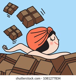 Young Woman Swimming Her Way Through A Sea Of Chocolate Bars. Concept Of Chocolate Lovers Card Character illustration