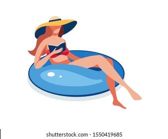 Young woman swimming inflatable ring rest, woman reading book cartoon vector illustration. Swimming in the pool, education, leisure and learning concept