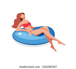 Young woman swimming inflatable ring rest, resting, relaxing cartoon vector illustration. Swimming in the pool, summer trip, water treatments concept cartoon vector illustration