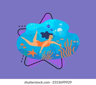 Young woman swimming with mask underwater isolated flat vector illustration. Cartoon character diving in ocean with colorful fishes. Leisure and summer activity concept