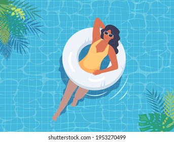 Young woman swimming on the white lifebuoy vector summer illustration