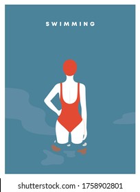 Young Woman In The Swimming Pool. Girl Swimmer In Bathing Suits And Swimming Caps. Water Sport And Swimwear Girl. Swimsuit, Recreation And Leisure. The View From The Back. Flat Vector Illustration.