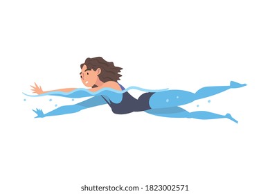 Young Woman in Swimming Pool, Girl in Swimsuit Performing Water Activities, Water Swim Sport Cartoon Style Vector Illustration