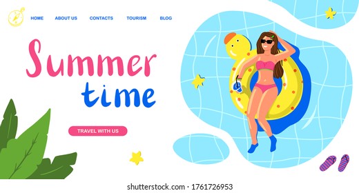 Young woman in swimming pool top view. Flat design web page template of summer vacation, travel destination or tourism. Vector cartoon horizontal illustration for website.