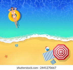 Young woman swimming in sea or ocean. Cartoon people characters on beach. Summer holiday travel and vacation at resort concept. Vector illustration in flat style