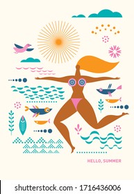 Young Woman in swimming suit on marine background, wave, fish, stylized sea life. Summer. Vector illustration	
