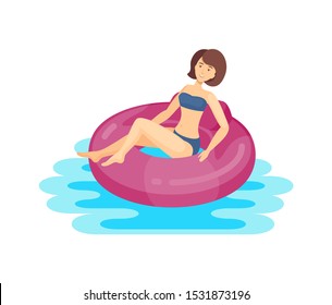 Young woman swims in an inflatable ring, resting cartoon vector illustration. Swimming in the pool, summer trip, water treatments concept.