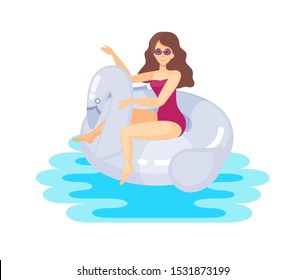 Young woman swims in an inflatable ring in the form of swan, resting cartoon vector illustration. Swimming in the pool, summer trip, water treatments concept.