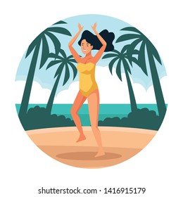 Young woman in swimsuit at beach cartoon round icon vector illustration graphic design